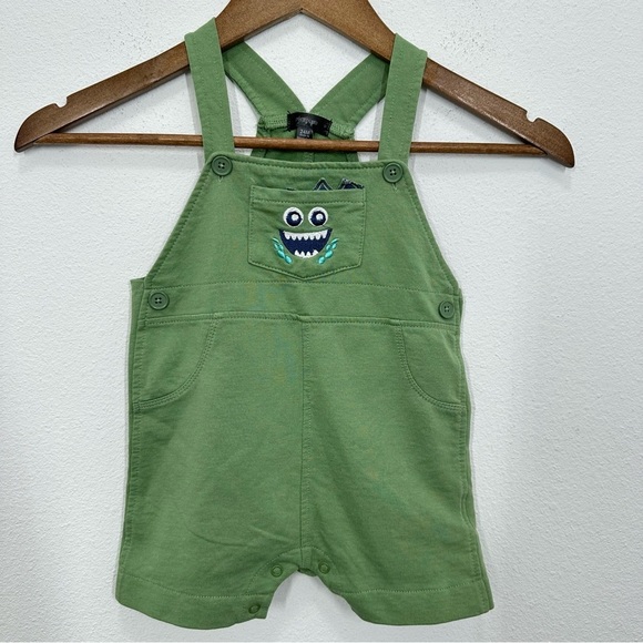 Picapino Toddler Size 24 Month Cotton Snap Overalls Silly Monster Green Shortall - Picture 1 of 4